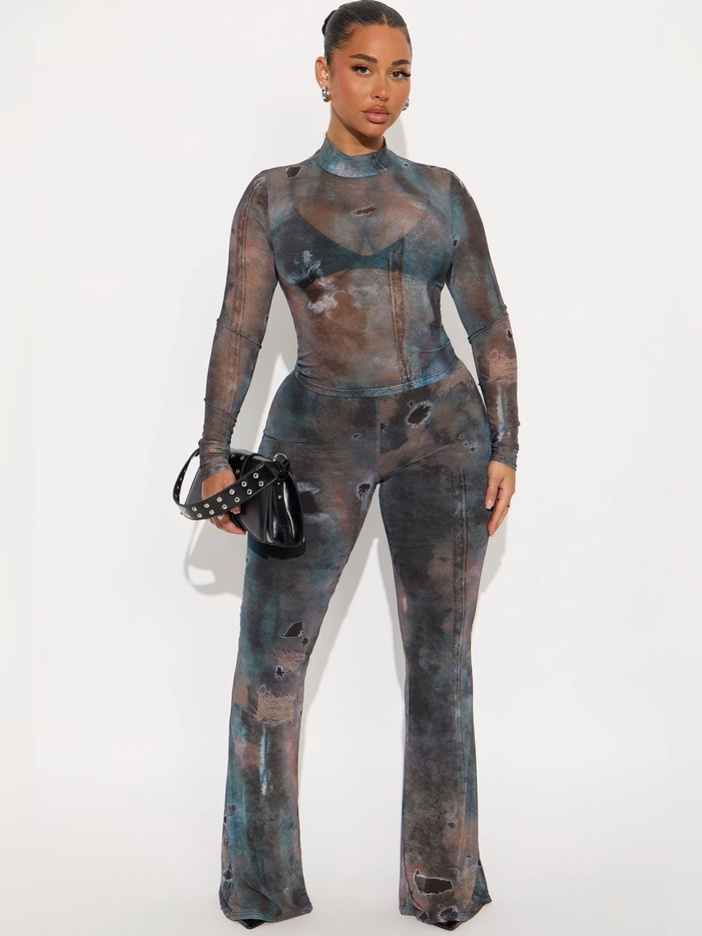Fashion Nova Taking Shots Mesh Pant Set - Charcoal/Combo - Size S